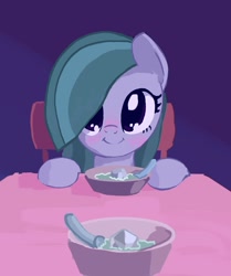 Size: 1568x1876 | Tagged: safe, artist:mandumustbasukanemen, derpibooru import, marble pie, earth pony, pony, blushing, bowl, chair, cute, female, food, looking at you, marblebetes, mare, offscreen character, pov, rock soup, smiling, smiling at you, solo, soup