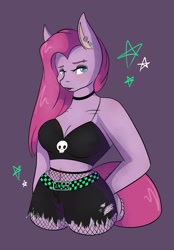 Size: 1423x2048 | Tagged: safe, artist:mscolorsplash, derpibooru import, pinkie pie, anthro, earth pony, belly button, breasts, choker, cleavage, clothes, female, fishnets, goth, midriff, pinkamena diane pie, pinkie pies, purple background, simple background, solo, torn skirt