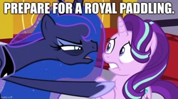 Size: 888x499 | Tagged: safe, derpibooru import, edit, edited screencap, screencap, princess luna, starlight glimmer, a royal problem, imminent spanking