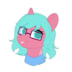 Size: 3000x3000 | Tagged: safe, artist:xcinnamon-twistx, derpibooru import, oc, oc only, oc:nano(nanopone), :p, bust, clothes, commission, eye clipping through hair, female, glasses, looking at you, scarf, simple background, sketch, solo, tongue, tongue out, transparent background