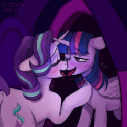 Size: 3000x3000 | Tagged: safe, artist:bloodymrr, derpibooru import, starlight glimmer, twilight sparkle, twilight sparkle (alicorn), alicorn, pony, unicorn, alcohol, blushing, comic, drool, drool string, drunk, drunk bubbles, drunk twilight, drunker glimmer, female, heart, heart eyes, house, kissing, lesbian, looking at someone, mare, one eye closed, open mouth, open smile, shipping, smiling, tongue, tongue out, twistarlight, wingding eyes