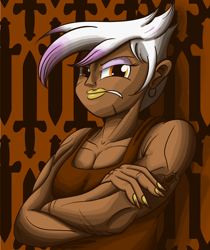 Size: 2100x2500 | Tagged: safe, artist:sixes&sevens, derpibooru import, gilda, fanfic:the sunset archives, equestria girls, angry, clothes, crossed arms, fanfic art, female, knife, looking at you, muscles, muscular female, painted nails, scar, tanktop