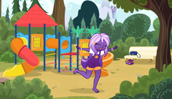 Size: 1200x693 | Tagged: safe, artist:jennieoo, derpibooru import, oc, oc:midnight twinkle, equestria girls, barefoot, child, feet, forest, happy, kids, park, running, show accurate, smiling, solo, vector