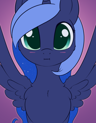 Size: 1620x2070 | Tagged: safe, artist:dusthiel, derpibooru import, princess luna, alicorn, pony, :i, atg 2023, blushing, cheek fluff, chest fluff, colored pupils, cute, ethereal mane, female, front view, gradient background, half body, heart, heart eyes, looking at you, lunabetes, mare, newbie artist training grounds, solo, spread wings, starry mane, we bought two cakes, wingding eyes, wings