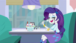 Size: 3072x1727 | Tagged: safe, derpibooru import, screencap, rarity, human, dance magic, equestria girls, spoiler:eqg specials, banana split, boots, bracelet, clothes, cutie mark on clothes, eyes closed, female, food, hairpin, high heel boots, ice cream, jewelry, makeup, marshmelodrama, open mouth, open smile, rarity being rarity, running makeup, shoes, smiling, solo, spoon