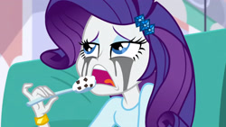 Size: 3072x1727 | Tagged: safe, derpibooru import, screencap, rarity, human, dance magic, equestria girls, spoiler:eqg specials, bracelet, female, food, hairpin, ice cream, jewelry, makeup, marshmelodrama, open mouth, rarity being rarity, running makeup, solo, spoon