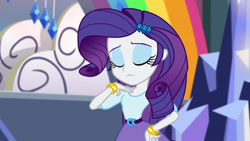 Size: 3072x1727 | Tagged: safe, derpibooru import, screencap, rarity, human, dance magic, equestria girls, spoiler:eqg specials, bracelet, canterlot high, eyes closed, female, frown, hairpin, hand on hip, jewelry, solo