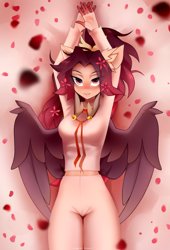 Size: 1500x2200 | Tagged: oc name needed, safe, alternate version, artist:zlatavector, derpibooru import, oc, anthro, pegasus, pony, blushing, clothes, commission, flower, flower in hair, looking at you, midriff, solo, spread wings, wings