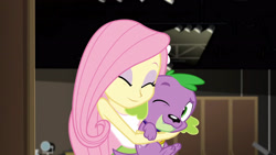 Size: 3072x1727 | Tagged: safe, derpibooru import, screencap, fluttershy, spike, spike the regular dog, dog, human, equestria girls, movie magic, spoiler:eqg specials, bare shoulders, clothes, cute, duo, duo male and female, eyebrows, eyes closed, female, hairpin, hug, male, one eye closed, raised eyebrow, shyabetes, sleeveless, smiling, spikabetes, tanktop, wink