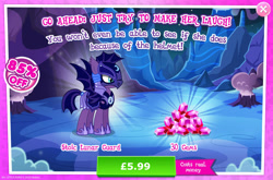 Size: 1958x1296 | Tagged: safe, derpibooru import, bat pony, pony, advertisement, armor, costs real money, english, female, gameloft, gem, helmet, mare, mobile game, my little pony: magic princess, numbers, official, sale, solo, spread wings, text, toxicwind, wings