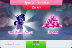 Size: 1270x854 | Tagged: safe, derpibooru import, bat pony, pony, armor, bundle, costs real money, english, female, gameloft, gem, helmet, mare, mobile game, my little pony: magic princess, numbers, official, sale, solo, spread wings, text, toxicwind, wings