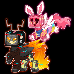 Size: 6056x6000 | Tagged: safe, artist:crazysketch101, derpibooru import, oc, oc:cutebox, oc:fearbox, pegasus, pony, bunny ears, clothes, error, glitch, hoodie, overalls, rainbow, skirt, sticker, sweater, tv head