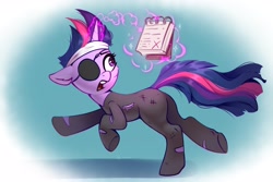 Size: 2832x1892 | Tagged: safe, artist:taneysha, derpibooru import, twilight sparkle, unicorn twilight, pony, unicorn, it's about time, butt, eyepatch, female, future twilight, glowing, glowing horn, horn, magic, mare, notepad, plot, running, solo, telekinesis