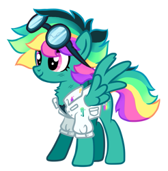 Size: 755x766 | Tagged: safe, artist:pgthehomicidalmaniac, derpibooru import, oc, oc only, oc:rainbow gadget, pegasus, pony, clothes, female, goggles, lab coat, mare, scuff mark, simple background, solo, transparent background