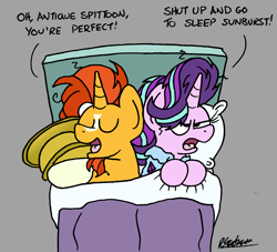 Size: 1620x1472 | Tagged: safe, artist:bobthedalek, derpibooru import, starlight glimmer, sunburst, pony, unicorn, antique, atg 2023, bed, bed mane, blaze (coat marking), clothes, coat markings, duo, duo male and female, facial hair, facial markings, female, furniture, goatee, gray background, kite, male, mare, newbie artist training grounds, overhead view, pajamas, shipping, simple background, socks (coat marking), spittoon, stallion, starburst, starlight glimmer is not amused, straight, that pony sure does love antiques, that pony sure does love kites, this will end in pain, unamused