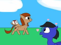 Size: 2000x1500 | Tagged: safe, artist:blazewing, derpibooru import, oc, oc only, oc:blazewing, oc:pecan sandy, pegasus, atg 2023, box, cloud, cookie, drawpile, female, floating heart, food, grass, heart, jewelry, male, mare, necklace, newbie artist training grounds, open mouth, pearl necklace, smiling, stallion, walking