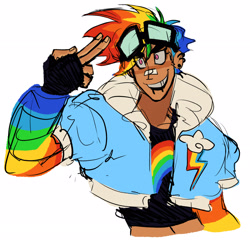 Size: 2048x1991 | Tagged: safe, artist:queam, derpibooru import, rainbow dash, human, equestria girls, bust, clothes, goggles, jacket, redesign, simple background, smiling, solo