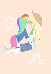 Size: 2370x3444 | Tagged: safe, artist:qizhi_nobori, derpibooru import, applejack, rainbow dash, human, equestria girls, appledash, barefoot, clothes, feet, female, lesbian, shipping, simple background, sitting, smiling