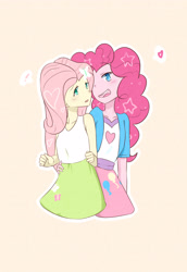 Size: 2370x3444 | Tagged: safe, artist:qizhi_nobori, derpibooru import, fluttershy, pinkie pie, human, equestria girls, clothes, female, flutterpie, heart, lesbian, shipping, simple background, smiling