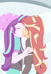 Size: 2370x3444 | Tagged: safe, artist:qizhi_nobori, derpibooru import, starlight glimmer, sunset shimmer, human, equestria girls, blushing, clothes, duo, eyes closed, female, kissing, lesbian, shimmerglimmer, shipping, simple background, smiling