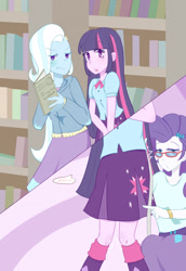 Size: 2370x3444 | Tagged: safe, artist:qizhi_nobori, derpibooru import, rarity, trixie, twilight sparkle, human, equestria girls, blushing, clothes, glasses, simple background, trio