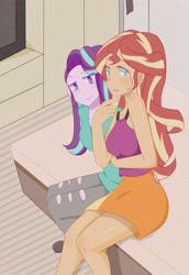 Size: 2370x3444 | Tagged: safe, artist:qizhi_nobori, derpibooru import, starlight glimmer, sunset shimmer, human, equestria girls, clothes, female, lesbian, shimmerglimmer, shipping, sitting, skirt, smiling, smirk