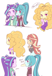 Size: 2370x3444 | Tagged: safe, artist:qizhi_nobori, derpibooru import, adagio dazzle, aria blaze, sonata dusk, sunset shimmer, human, equestria girls, blushing, clothes, cute, simple background, smiling, text, the dazzlings