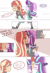 Size: 2370x3444 | Tagged: safe, artist:qizhi_nobori, derpibooru import, starlight glimmer, sunset shimmer, human, equestria girls, clothes, comic, female, heart, kissing, lesbian, shimmerglimmer, shipping, smiling, text