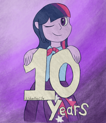 Size: 2283x2631 | Tagged: safe, artist:lil_vampirecj, derpibooru import, twilight sparkle, human, equestria girls 10th anniversary, equestria girls, anniversary, anniversary art, digital, digital art, female, gradient background, humanized, krita, solo