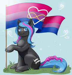 Size: 1339x1385 | Tagged: safe, artist:erein, derpibooru import, oc, oc only, oc:obabscribbler, earth pony, pony, commission, ears up, female, flag, lgbt, pride, pride flag, pride month, simple background, smiling, solo, ych result