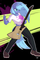 Size: 1600x2400 | Tagged: safe, artist:storyteller, derpibooru import, oc, oc only, oc:rattlehead, anthro, earth pony, abstract background, boots, clothes, ear piercing, electric guitar, female, fingernails, guitar, midriff, musical instrument, painted nails, pants, piercing, shirt, shoes, smiling, smirk, solo