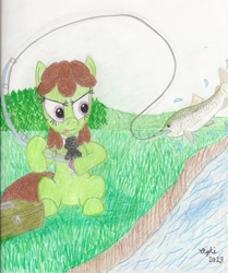 Size: 2544x3044 | Tagged: safe, artist:opti, derpibooru import, oc, oc:broadside barb, earth pony, fish, pony, atg 2023, earth pony oc, fishing, fishing rod, forest, newbie artist training grounds, rainbow trout, river, solo, traditional art, water