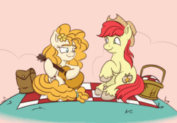 Size: 1000x696 | Tagged: safe, artist:nedemai, derpibooru import, bright mac, pear butter, earth pony, the perfect pear, animated, atg 2023, basket, cute, daaaaaaaaaaaw, flower, flower in hair, gif, guitar, music notes, musical instrument, newbie artist training grounds, picnic, picnic basket, picnic blanket, wholesome