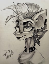 Size: 971x1280 | Tagged: safe, artist:tlen borowski, derpibooru import, oc, oc only, oc:fragile string (scarlet rebel), pony, unicorn, bust, chest fluff, collar, ear piercing, horn, lidded eyes, lipstick, looking at you, makeup, mohawk, mole, monochrome, piercing, portrait, sketch, solo, traditional art, unicorn oc