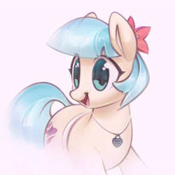 Size: 3658x3658 | Tagged: safe, artist:mirroredsea, derpibooru import, coco pommel, earth pony, pony, cocobetes, colored pupils, cute, female, heart necklace, high res, jewelry, locket, mare, necklace, open mouth, simple background, smiling, solo, white background