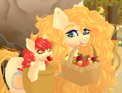 Size: 3905x3000 | Tagged: safe, artist:darlin_murds, artist:hell-fire13, derpibooru import, apple bloom, pear butter, earth pony, pony, going to seed, apple, apple tree, basket, duo, female, filly, foal, food, high res, looking at each other, looking at someone, mare, mother and child, mother and daughter, mouth hold, parent and child, pony in a basket, scene interpretation, tree