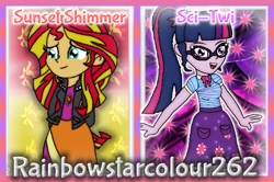 Size: 1082x720 | Tagged: safe, artist:rainbowstarcolour262, derpibooru import, sci-twi, sunset shimmer, twilight sparkle, human, series:equ wallpapers, better together, equestria girls, :d, abstract background, clothes, cute, cutie mark background, cutie mark on clothes, duo, female, geode of telekinesis, glasses, green eyes, hand behind back, happy, jacket, leather, leather jacket, magical geodes, multicolored hair, open mouth, open smile, ponytail, shimmerbetes, shirt, signature, skirt, smiling, twiabetes