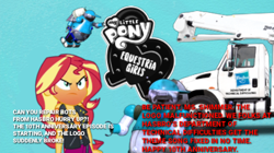 Size: 421x236 | Tagged: safe, artist:jrshinkansenhorse, derpibooru exclusive, derpibooru import, sunset shimmer, robot, equestria girls 10th anniversary, better together, equestria girls, blooper, breaking the fourth wall, comedy, equestria girls logo, fourth wall, hasbro, hasbro department of technical difficulties, meta, repairing, technical difficulties, tex the thx robot, truck, work truck