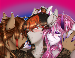 Size: 3000x2300 | Tagged: safe, artist:carbutt69, derpibooru import, oc, oc:cannon car, oc:nobunaga ryu, oc:yuriko, anthro, pegasus, succubus, bisexual, blushing, dark eyes, ear piercing, industrial piercing, multicolored mane, piercing, ponytail, pride, pride month, scar