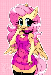 Size: 1185x1742 | Tagged: safe, artist:sillyraerae, derpibooru import, fluttershy, anthro, blushing, boob window, boots, shoes, sweater dress, thigh boots