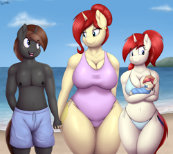 Size: 5000x4465 | Tagged: safe, artist:an-tonio, derpibooru import, oc, oc only, oc:golden brooch, oc:silver draw, oc:twisty, anthro, unicorn, baby, beach, belly button, big sister, bikini, breasts, busty golden brooch, cleavage, clothes, ear piercing, earring, father and child, female, goldentwist, half-siblings, holding hands, horn, illegitimate, jewelry, legs together, looking at each other, looking at someone, male, milf, mother and child, mother and daughter, offspring, parent and child, parent:oc:golden brooch, parent:oc:twisty, parents:oc x oc, piercing, pink swimsuit, siblings, sister, swimsuit