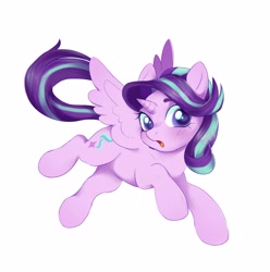 Size: 2972x3000 | Tagged: safe, artist:g4bby4ka, derpibooru import, starlight glimmer, alicorn, pony, alicornified, female, high res, horn, looking at you, mare, open mouth, race swap, simple background, solo, spread wings, starlicorn, white background, wings, xk-class end-of-the-world scenario