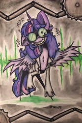 Size: 2333x3500 | Tagged: safe, derpibooru import, twilight sparkle, twilight sparkle (alicorn), alicorn, pony, big grin, big smile, buzzsaw, chest fluff, circular saw, clothes, creepy, creepy grin, creepy smile, emanata, female, goggles, grin, lab coat, looking at you, mad scientist, mare, messy mane, one ear down, pinpoint eyes, pointy legs, raised hoof, raised leg, shaking, smiling, smiling at you, solo, spread wings, standing, thin legs, traditional art, trembling, twilight snapple, wings