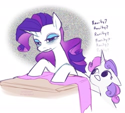 Size: 2199x1988 | Tagged: safe, artist:syrupyyy, derpibooru import, rarity, sweetie belle, pony, unicorn, annoying, bags under eyes, belle sisters, duo, ears, fabric, female, filly, floppy ears, foal, horn, mare, pestering, poking, rarity is not amused, siblings, simple background, sisters, static, this will end in tears, unamused, white background