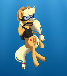 Size: 4096x4664 | Tagged: safe, derpibooru import, applejack, earth pony, pony, absurd resolution, applejack's hat, bubble, clothes, cowboy hat, crepuscular rays, cute, digital art, dive mask, female, flowing mane, flowing tail, goggles, green eyes, hat, high res, lidded eyes, mare, ocean, scuba diving, scuba gear, smiling, solo, sunlight, swimming, tail, underwater, water, wetsuit, yellow mane