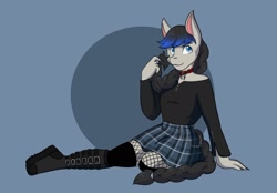 Size: 2048x1423 | Tagged: safe, artist:mscolorsplash, derpibooru import, oc, oc only, anthro, earth pony, plantigrade anthro, blue background, boots, braid, braided tail, choker, clothes, crossdressing, male, plaid skirt, shoes, simple background, sitting, skirt, smiling, solo, tail