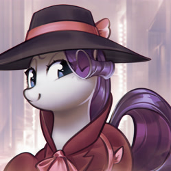 Size: 3883x3900 | Tagged: safe, artist:mirroredsea, derpibooru import, rarity, pony, unicorn, clothes, cute, detective rarity, eye clipping through hair, female, hat, high res, lidded eyes, looking at you, mare, raribetes, smiling, solo