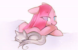 Size: 3421x2192 | Tagged: safe, artist:mirroredsea, derpibooru import, pinkie pie, earth pony, pony, wolf, colored pupils, cub, cute, eye clipping through hair, high res, lidded eyes, lying down, pinkamena diane pie, sheet, simple background, sleeping, smiling, white background