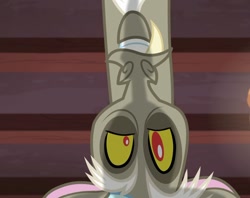 Size: 1204x953 | Tagged: safe, derpibooru import, screencap, discord, draconequus, discordant harmony, season 7, bust, grin, looking at you, male, smiling, solo, upside down, white hair