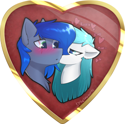 Size: 2802x2766 | Tagged: safe, artist:hellblazer911, derpibooru import, oc, oc only, oc:navy blitz, oc:sky cloud, pegasus, pony, blushing, bust, commission, duo, ear fluff, ears, eye scar, facial scar, female, floppy ears, heart, high res, kissing, long mane, looking at each other, looking at someone, male, mare, oc x oc, pegasus oc, scar, shipping, simple background, stallion, text, transparent background, watermark